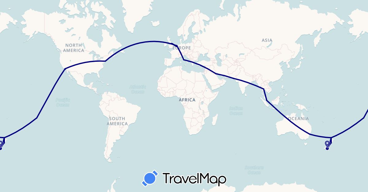 TravelMap itinerary: driving in Australia, United Kingdom, Italy, Kuwait, Netherlands, New Zealand, French Polynesia, Pakistan, Singapore, Thailand, United States (Asia, Europe, North America, Oceania)